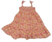Červeno-žluté kytičkované žabičkové letní plátěné šaty Primark 