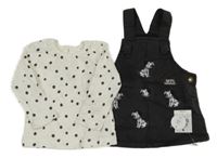 Nové - 2set - Tmavošedé riflové šaty s dalmatiny + smetanové puntíkované triko  George