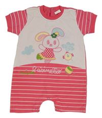 Tmavorůžovo-růžový pruhovaný letní overal s králíčkem