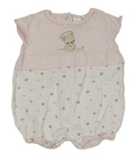 Bílo-světlerůžový bavlněný kraťasový overal s medvídkem C&A