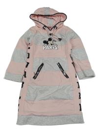 Světlerůžovo-šedé pruhované teplákové šaty s Mickeym a kapucí 