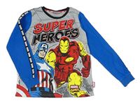 Šedo-modro-černé melírované pyžamové triko s Avengers a pruhem Tu