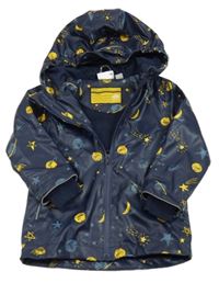 Tmavomodrá nepromokavá jarní bunda s planetami a měsíci a obláčky a kapucí zn. impidimpi