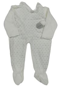 Bílo-šedý vzorovaný pletený overal s bambulkami a límečkem