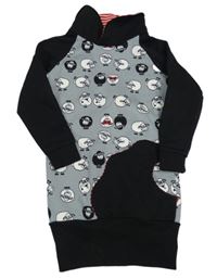 Šedo-černé teplákové teplé šaty s ovečkami a límečkem 