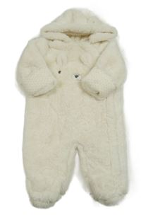 Smetanová kožešinová zateplená kombinéza s medvídkem a kapucí s oušky little nutmeg