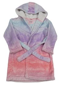 Korálovo-fialovo-světlemodrý plyšový župan s kapucí PRIMARK