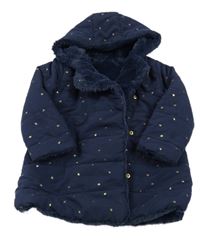 Tmavomodro-zlatý vzorovaný prošívaný zimní kabát s kapucí DU PareiL