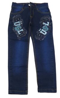 Tmavomodré skinny rifle s nápisy a kamínky a perlami 