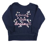 Tmavomodrá mikina s nápisy a motýlky a kytičkami PRIMARK