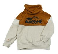 Světlebéžovo-medová melírovaná mikina s nápisem a medvídkem a horami a komínovým límcem dopodopo