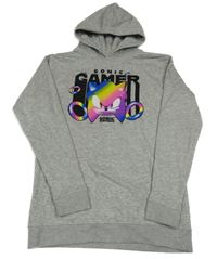 Šedá melírovaná mikina se Sonicem a kapsou a kapucí 