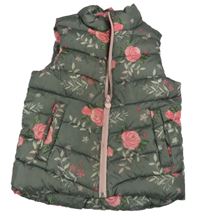 Khaki prošívaná šusťáková zateplená vesta s růžemi a beruškami dopodopo