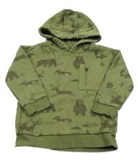 Khaki mikina se zvířátky a kapsou a kapucí C&A