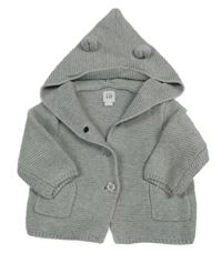 Šedý melírovaný propínací svetr s kapucí s oušky GAP