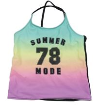 Mátovo-žluto-oranžovo-růžovo-fialovo-černý plavkový top s číslem a nápisy