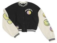 Tmavošedo-smetanová baseballová crop mikina se smajlíky a pruhy H&M