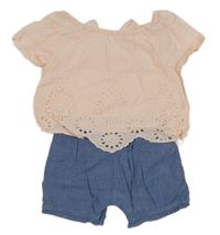 Modro-světlebroskvový riflovo/bavlněný kraťasový overal s halenkou s madeirou Debenhams