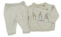 2Set - Světlebéžový melírovaný svetr s králíčky - Peter Rabbit + béžovo/bílé pruhované úpletové tepláky morrisons