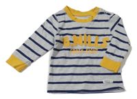 Šedo/melírovano-tmavomodro-okrové pruhované triko s nápisy H&M