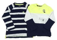2x Tmavomodro-bílé pruhované triko + Neonově zeleno-bílo-tmavomodré triko F&F