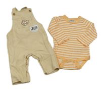 2set - Béžové žebrované laclové tepláky s autem + oranžovo-bílé pruhované body