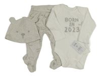 Nové - 3set - Bílé body s nápisem a číslem + světlešedé melírované polodupky s nápisy + bavlněná čepice