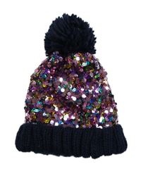 Tmavomodro-růžová pleteno/flitrová čepice s bambulí F&F