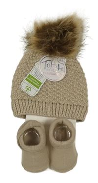 Nové - 2set - Béžová třpytivá pletená čepice s bambulí + ponožky