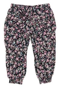 Černo-růžové květované lehké kalhoty s páskem Primark