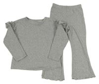 2 set - Šedé melírované úpletové triko s volánky + flare úpletové kalhoty Matalan