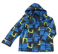 Modro-černo-zelená vzorovaná šusťáková zimní bunda s kapucí bpc