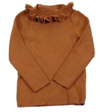 Hnědý žebrovaný lehký svetr s volánkem George