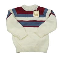 Nové - bílo-vínovo-modrý pruhovaný svetr 