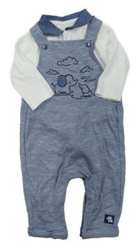 2 set - bílé body s modrým límečkem + modré melírované laclové tepláky se slonem Nutmeg