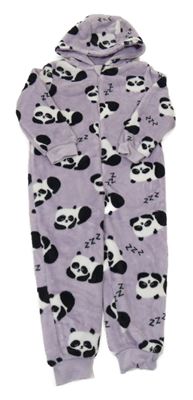 Fialová plyšová kombinéza s pandami a kapucí Primark