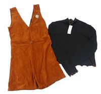 2set - Rezavý žebrovaný sametový kraťasový overal + černé crop triko George