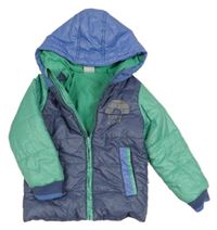 Šedomodro-zelená šusťáková zimní bunda s potiskem a kapucí 