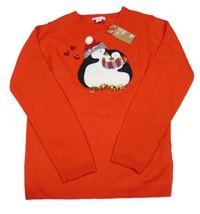 Nové - Červený svetr s tučňáky Primark