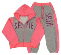 2set - Šedo-neonově růžová propínací mikina s nápisem a kapucí + tepláky 