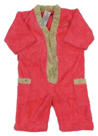 Nové - Neonově růžovo-béžový plyšový kraťasový overal 