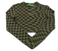 Khaki-černé kostkované crop triko s nápisem 