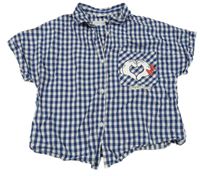 Tmavomodro-bílá kostkovaná crop halenka s Mickeym a Plutem Zara