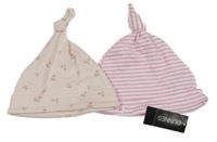 Nové - 2set - 2x růžová čepice - květovaná + pruhovaná 