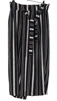 Dámské tmavomodro-červeno-bílé pruhované culottes kalhoty s páskem zn. Zara 