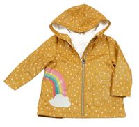 Medová puntíkatá nepromokavá jarní bunda s duhou a obláčky a kapucí F&F