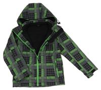 Černo-šedo-zelená kostkovaná softshellová bunda s kapucí 