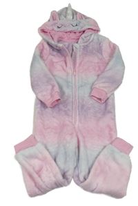 Světlerůžovo-pomněnková plyšová kombinéza s kapucí - jednorožec George