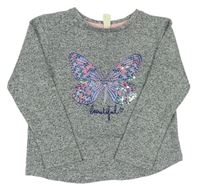Šedý melírovaný svetr s motýlkem z flitrů Yd. 