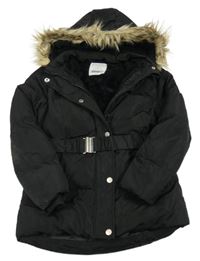 Černá šusťáková zimní parka s páskem a kapucí Primark